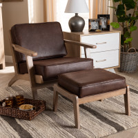 Baxton Studio Sigrid-Dark Brown/Antique Oak-2PC Set Sigrid Mid-Century Modern Dark Brown Faux Leather Effect Fabric Upholstered Antique Oak Finished 2-Piece Wood Armchair and Ottoman Set